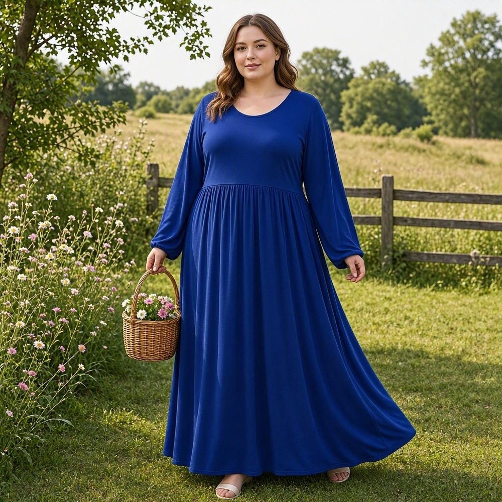 Dress Cottagecore Maxi Miniamlist Plus Size 6XL  Boho LONGYUAN Royal Blue Empire